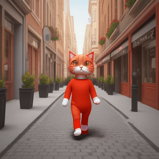 AI generated: 3D photo of a cute red cat dressed in colored socks walking around the city , realistic , colored ,