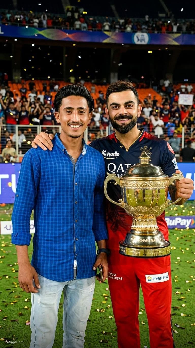 AI generated: 
Generated
Combine these two photos and make me to stand beside virat kohli with the ipl cup. Make v...