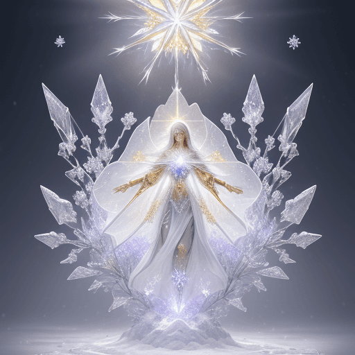 AI generated: Holy light, beautiful spectral white crystal lilac flower, petals shimmering with golden light, back...