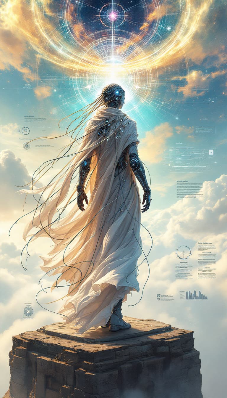 AI generated: Conceptual design: Cybernetic Oracle from the Celestial Order. This ethereal graffiti-punk digital w...