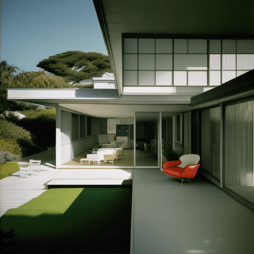 AI generated: Hyper realistic eye level exterior photo of a mid century modern style house overlooking the ocean, ...