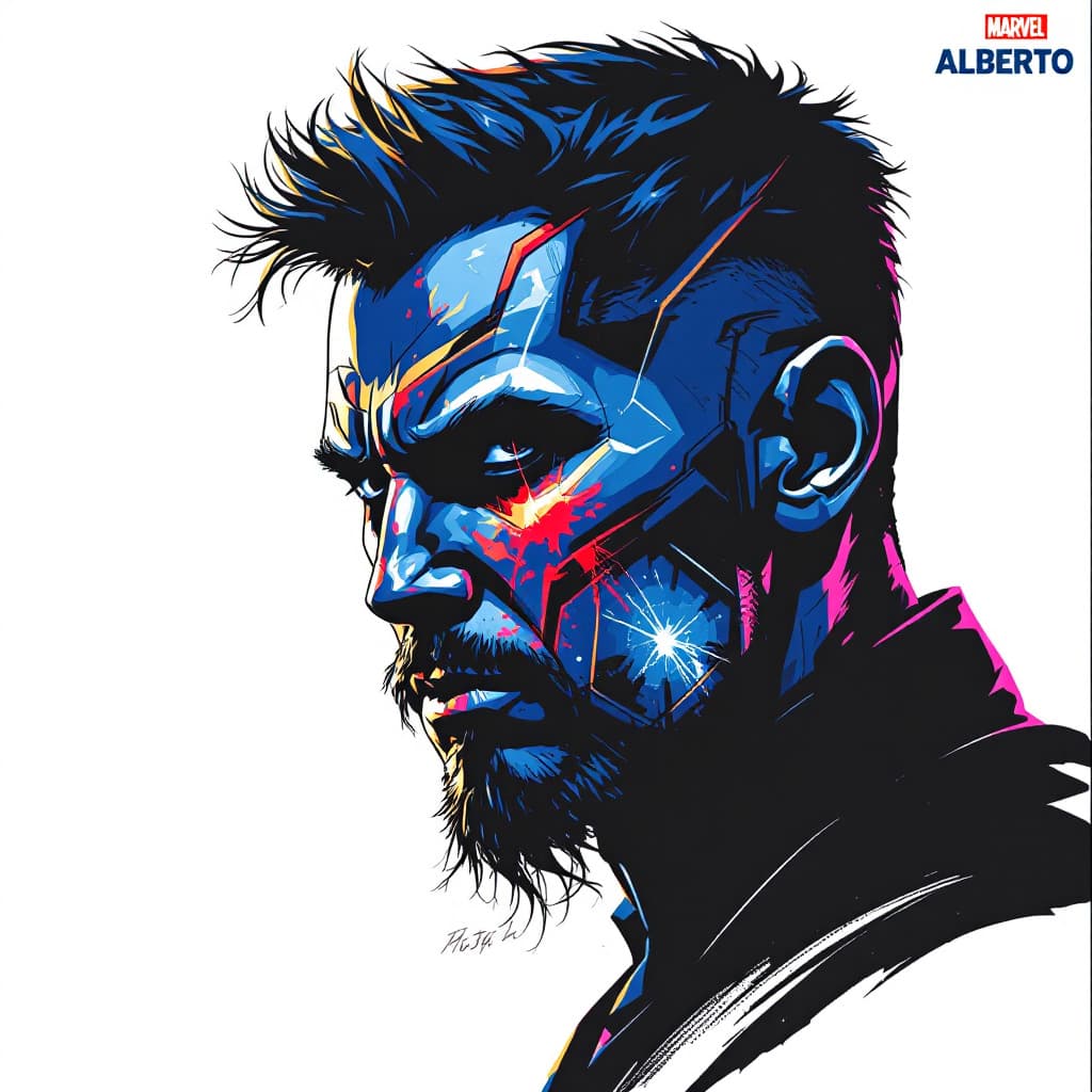 AI generated: Write "ALBERTO" in Marvel Avengers logo and colors using the font and style used for the graphic. us...