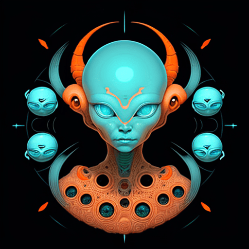 AI generated: alien art and illustration, in the style of balanced symmetry, light orange and cyan, detailed facia...