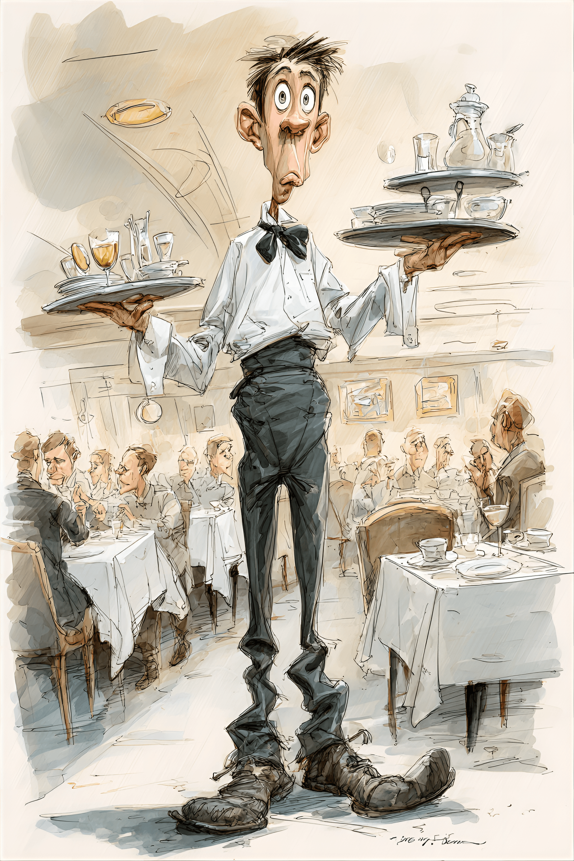 AI generated: funny caricature, clumsy waiter, chinese ethnicity, 25 years old, nervous, eager-to-please, accident...