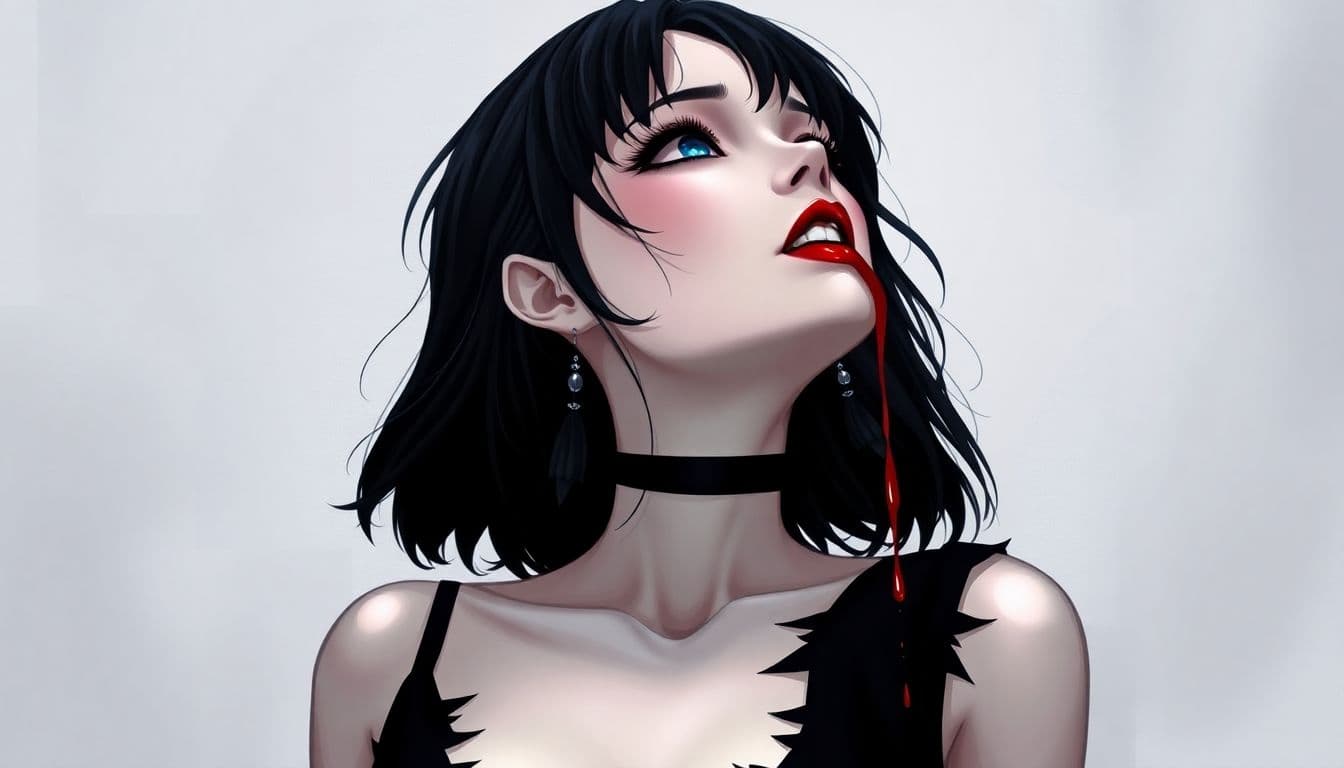 AI generated: a digital illustration of a woman with dark hair and pale skin, wearing a black dress with a choker ...
