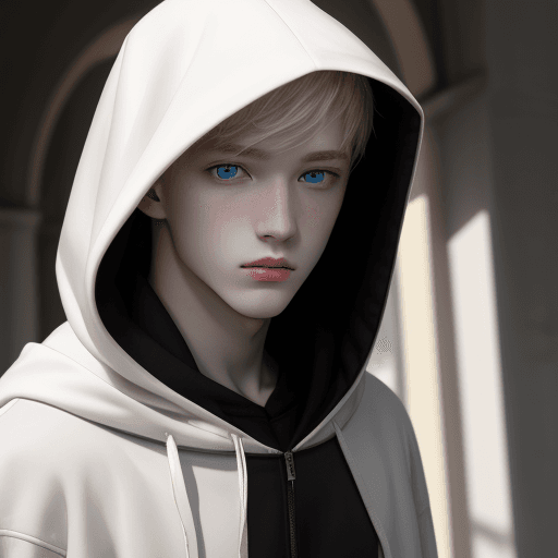 AI generated: A hooded young man with pale skin and hazel eyes