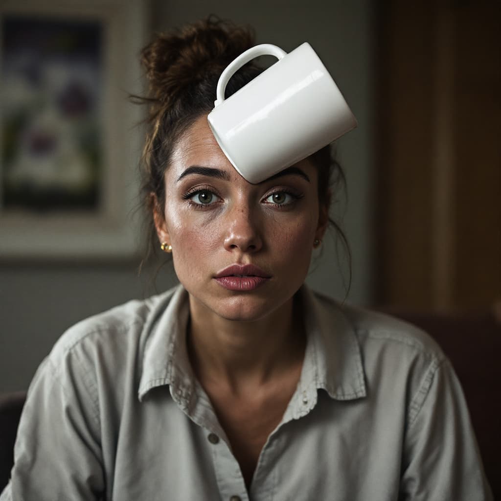 AI generated: A manwoman with a cup stuck to his forehead.