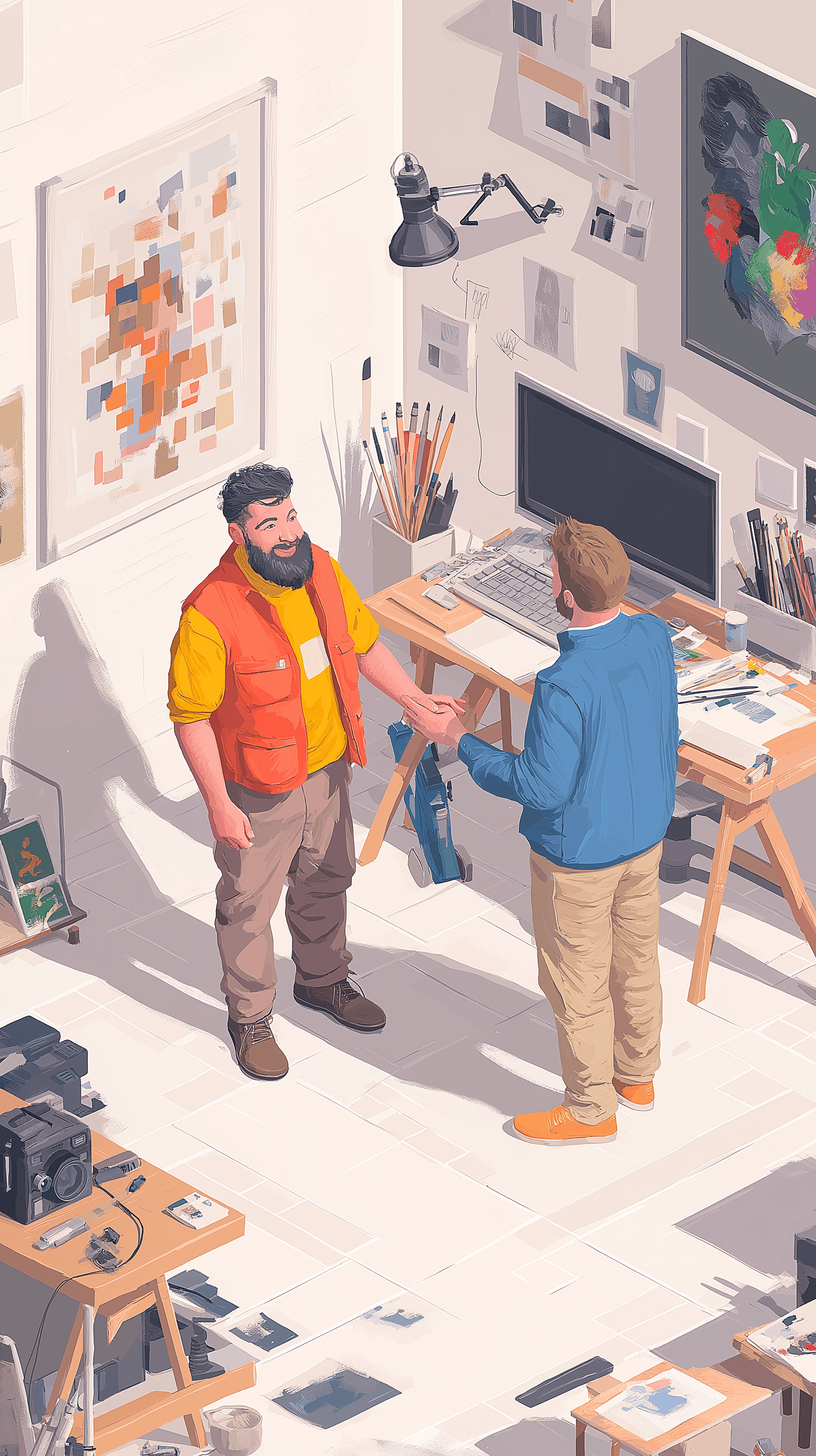 AI generated: A realistic image of a happy customer shaking hands with a Graphic Designer in a Design Studio. Comp...
