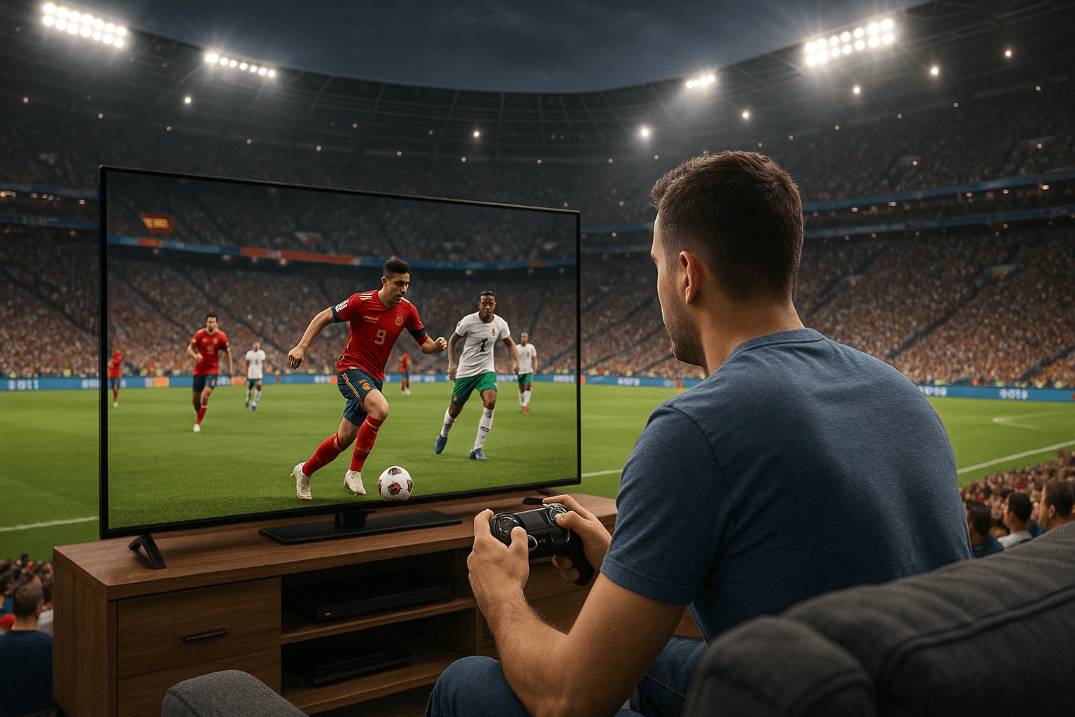AI generated: A hyperrealistic cinematic image of a young man sitting on a modern sofa, holding a PlayStation cont...