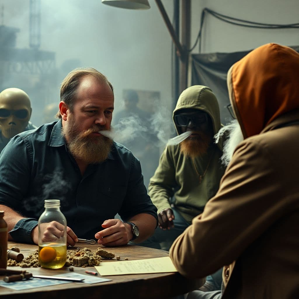 AI generated: Joe Rogan on set with unidentified beings. smoking weed, furious