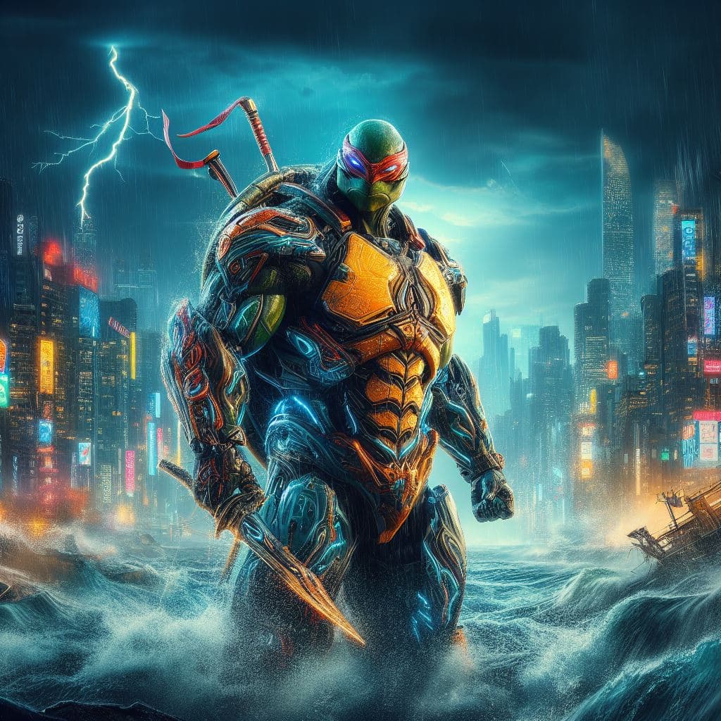 AI generated: a badass ninja turtle with an organic armor with neonlight, heavy damages, proud pose, epic composit...
