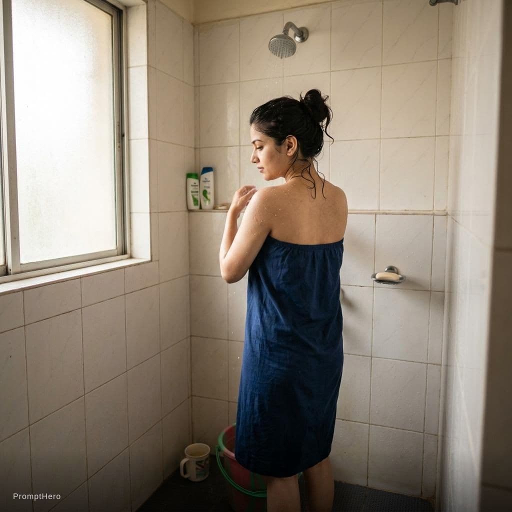AI generated: indian girl, whitish tone, realistic bathroom, taking shower, showing her back and side face