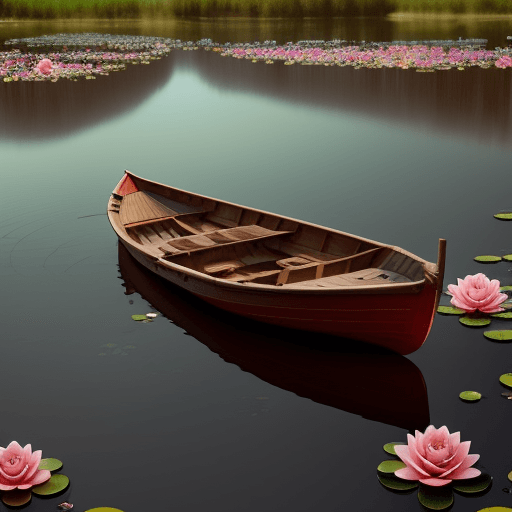 AI generated: A boat with a rose floats on a lake with water lilies.