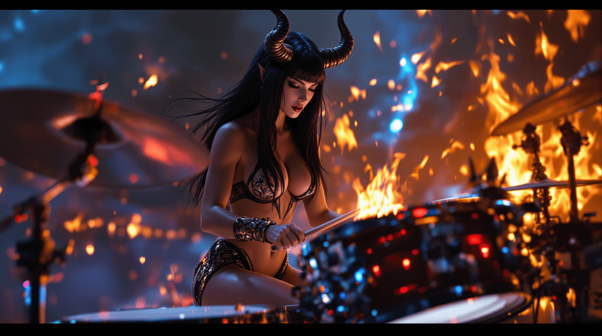 AI generated: Female demon character, a statuesque and athletic figure with a heart-shaped face, sharp, choppy ban...