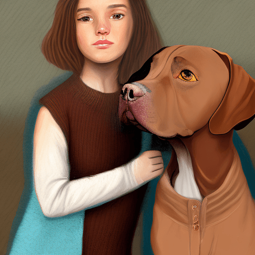 AI generated: The Girl in the brown sweater and pastel turqoise long vest with the brown Dog Amstaff next to her f...