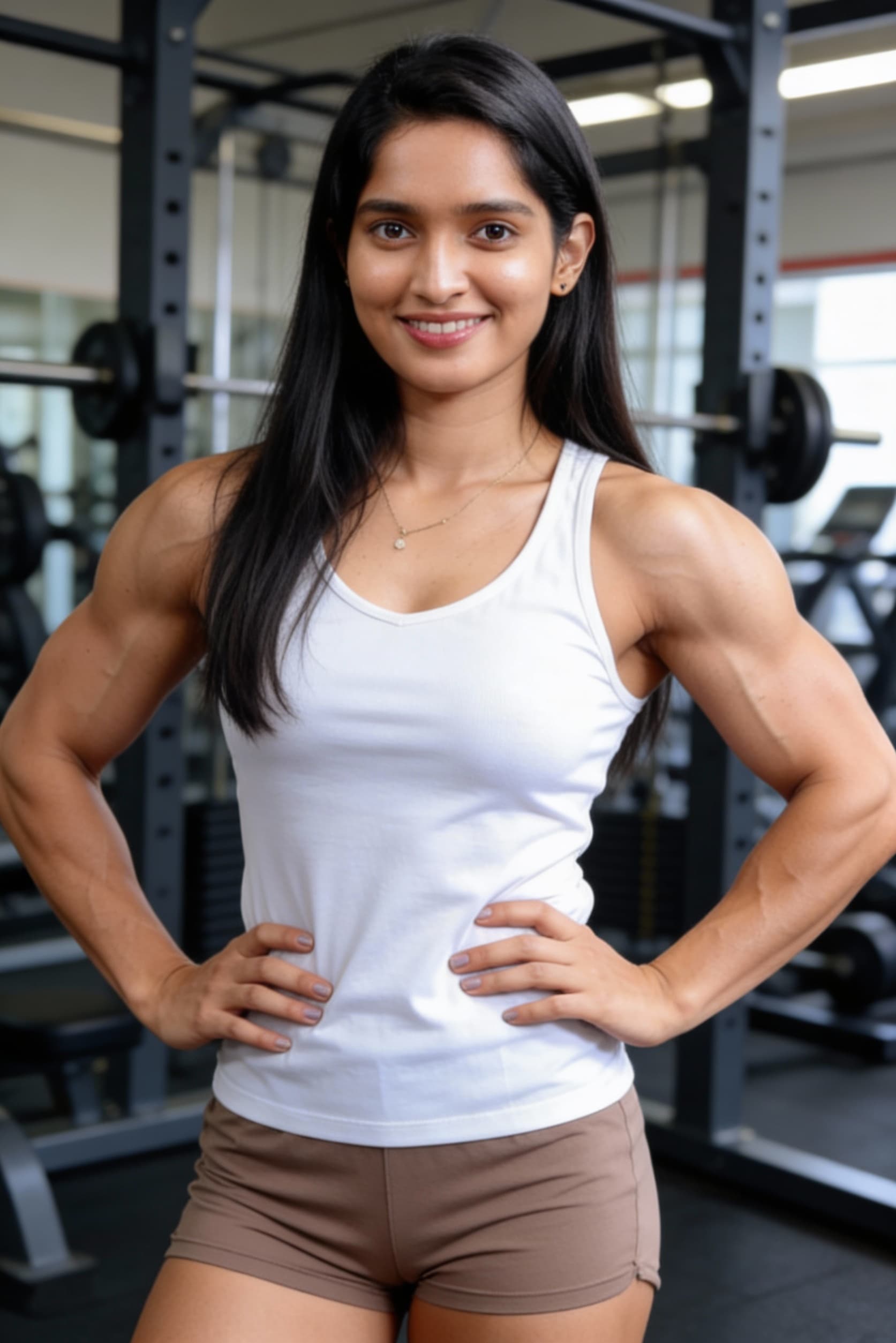 AI generated: Hyperrealistic art sharp focus, detailed edges, A perfect photo of a muscular woman posing for a pic...