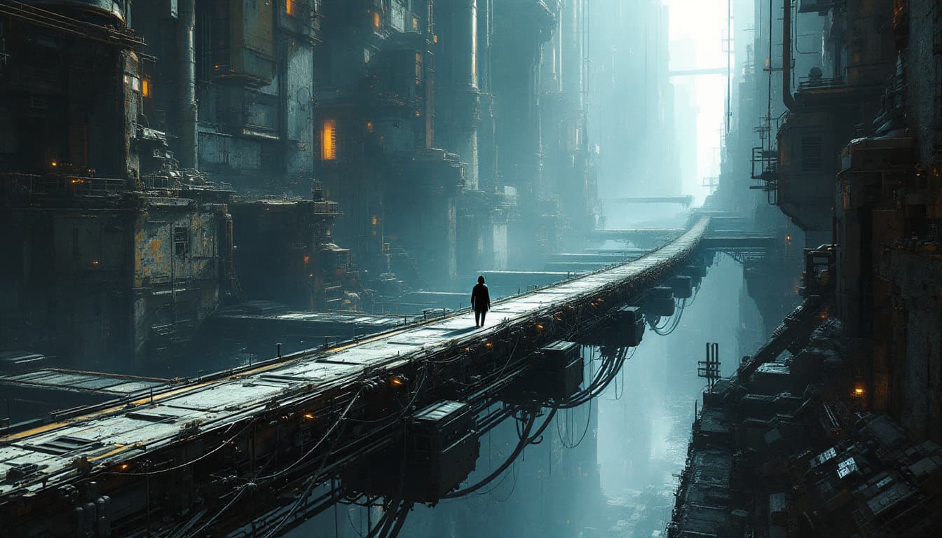 AI generated: sci-fi art, reminiscent of classic cyberpunk themes,with some orage light,focusing on scale and the ...