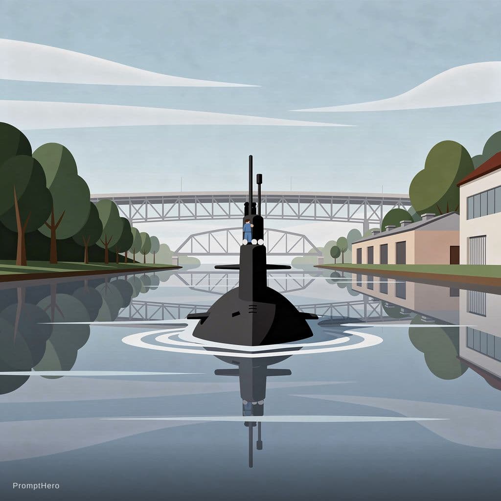 AI generated: half submerged submarine crossing a canal,trees, warehouse, bridge. simple stylized victor illustrat...