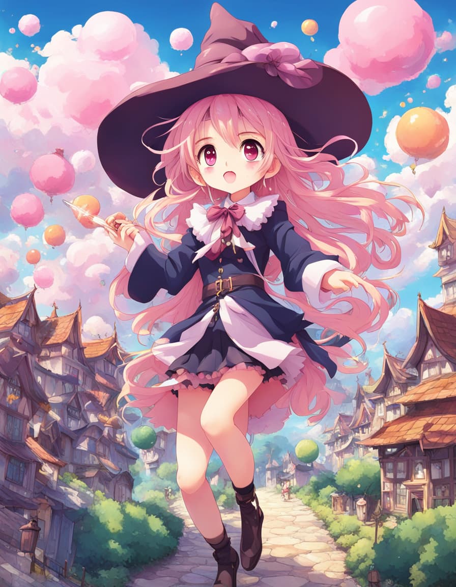 AI generated: In a highly detailed fantastical anime world, depict a mischievous witch, cotton candy clouds.