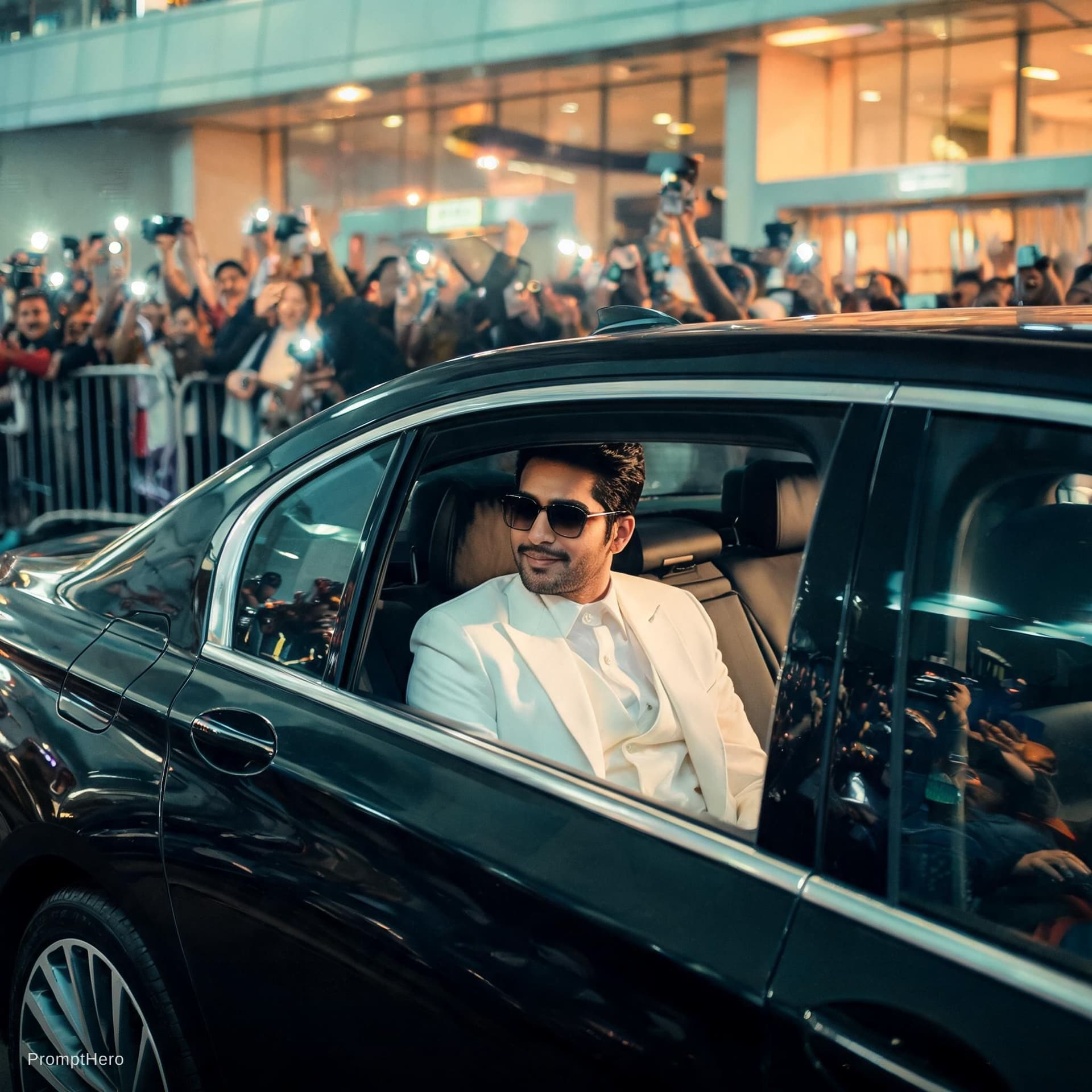 AI generated: “A cinematic, ultra-realistic celebrity arrival sequence shot on ARRI Alexa with anamorphic lenses, ...