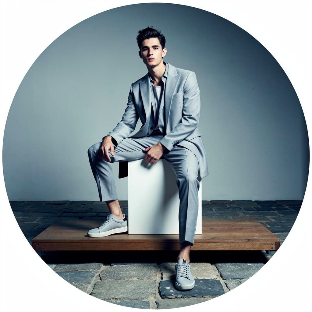 AI generated: a handsome young man sitting on top of a white cube, official Jil Sander editorial, blue and grey to...