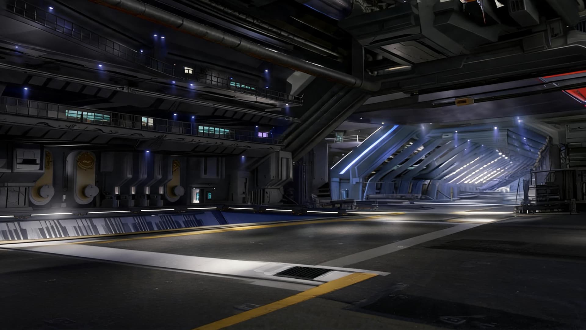AI generated: 
Reverse angle of a futuristic hangar bay. Camera positioned where the dark industrial section would...