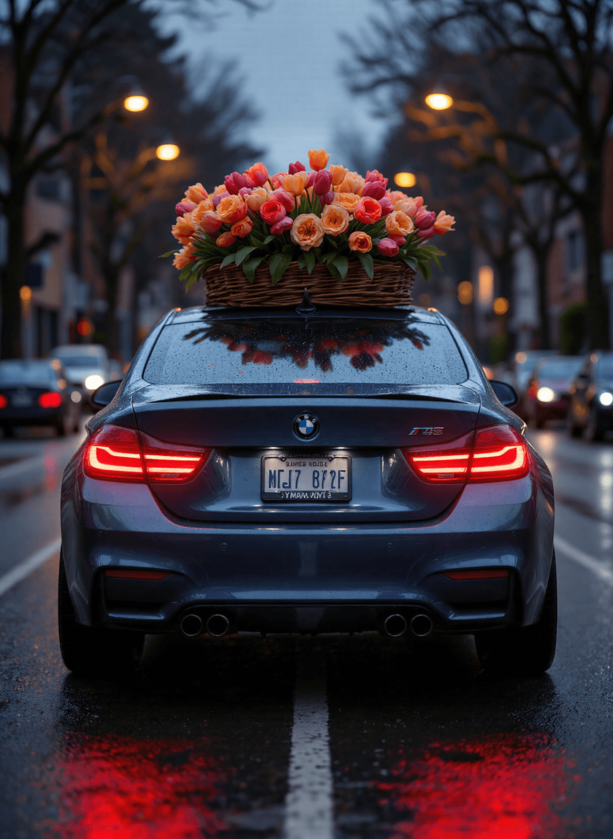 AI generated: The image depicts a car driving on a wet road ((away from the viewer)), likely during the evening or...
