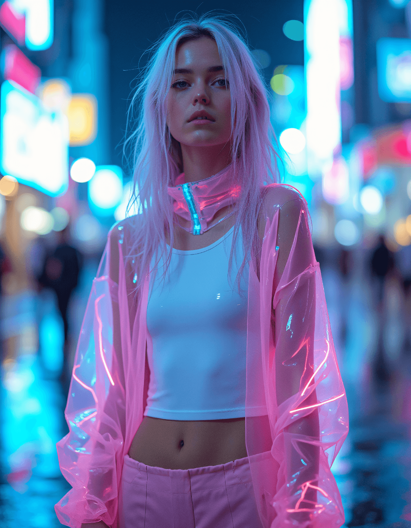 AI generated: (Half body Photo of a a young mid twenties woman, visible midriff:1.5) ultra realistic.Holographic f...