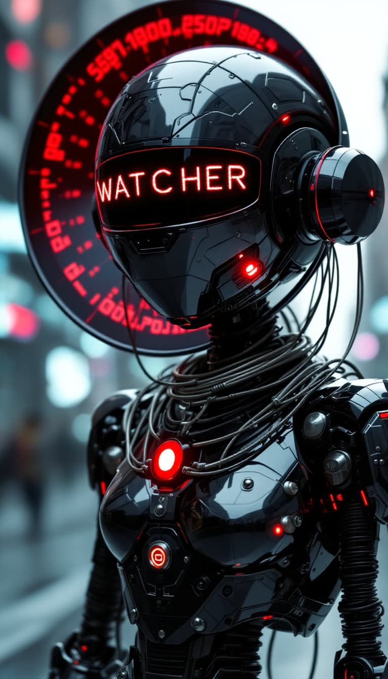 AI generated: A quirky and hyperrealistic depiction of a retro-futuristic robot with a sleek, surveillance aesthet...