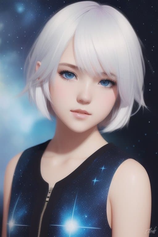 AI generated: astronomical girl, (with details of stars in the clothes in the hair and in the eyes), with cute whi...