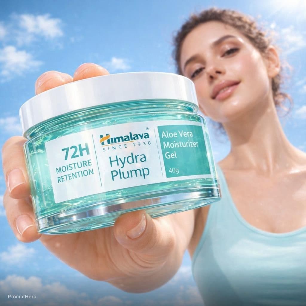 AI generated: A trendy skincare campaign photo shot from an extreme low angle, close-up perspective of a young wom...