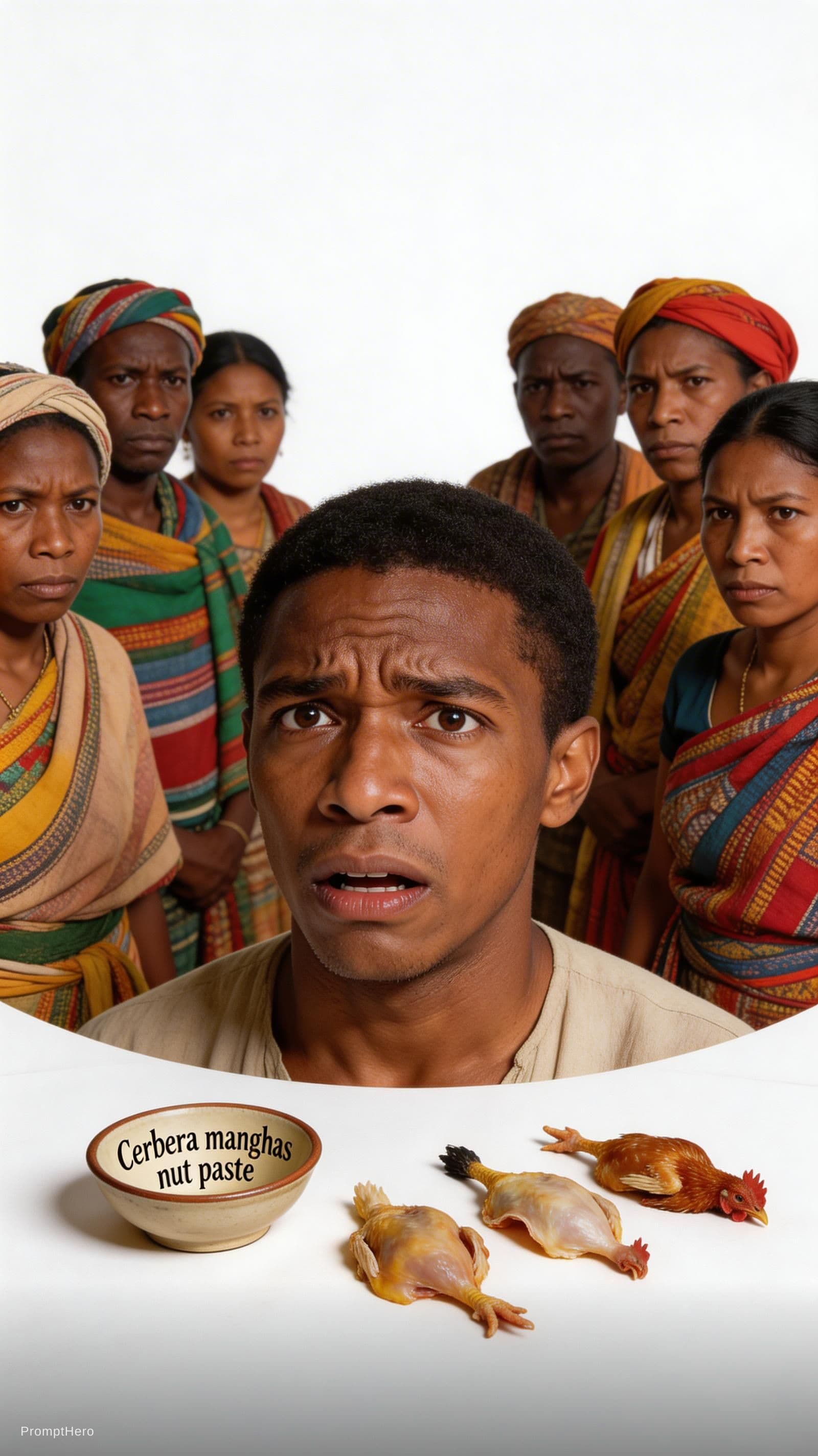 AI generated: 1829 Madagascar black man worried face  medium skin tone surrounded by villagers in traditional clot...