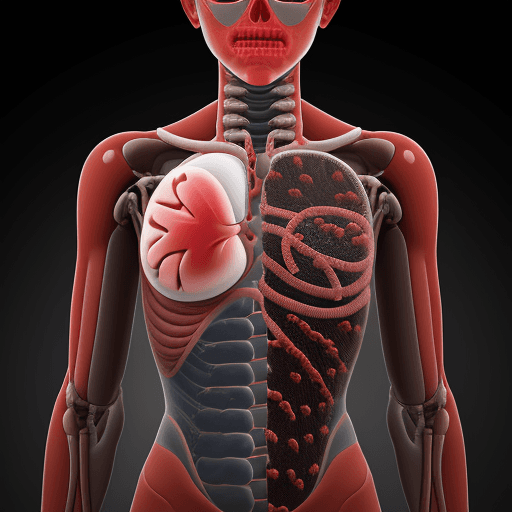 AI generated: human torso with red heart and bacteria in background

