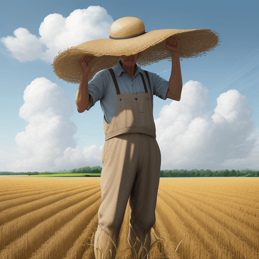 AI generated: Wheat field, a farmer uncle with a straw hat standing in a wheat field, big clouds, blue sky, rice f...
