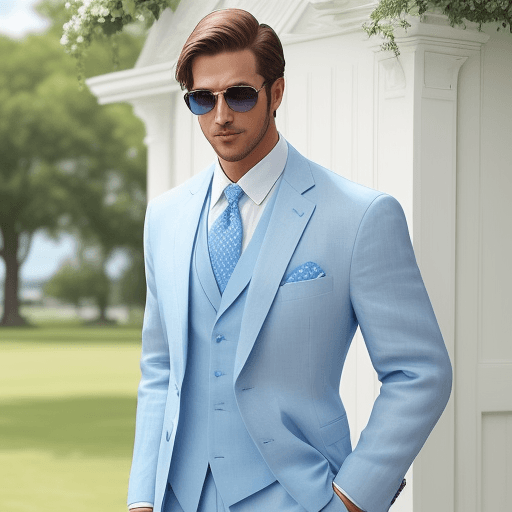 AI generated: Caption: "A light and breezy blue linen suit is perfect for a summertime outdoor wedding. It's cool ...