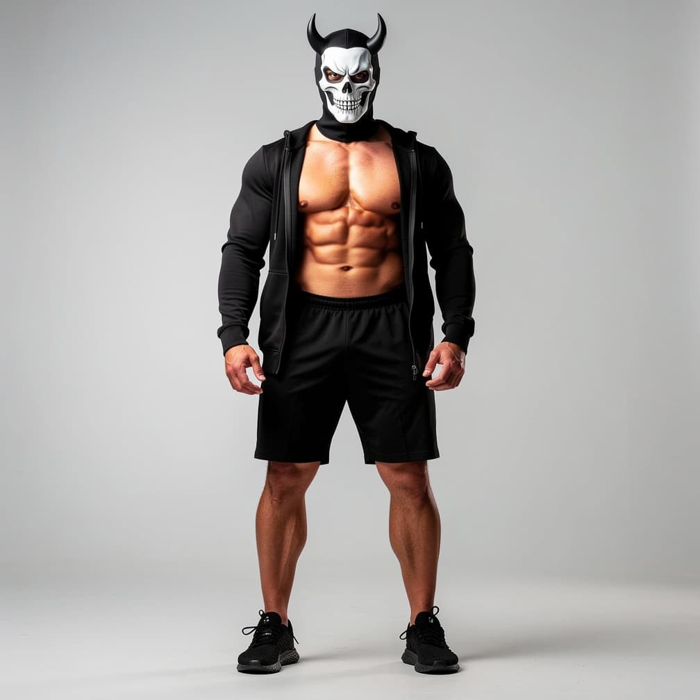 AI generated: A big muscular man wearing black short shorts and a black fully unzipped jacket with a hood that has...