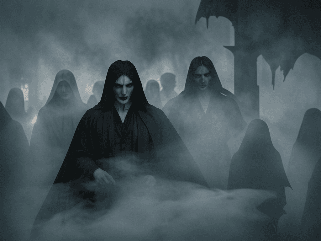 AI generated: A gothic scene unfolds with a vampire enshrouded in a ghostly robe, his form emerging from the smoke...