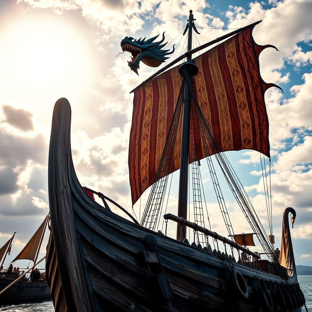AI generated: Photo of authentic Viking ship with dragon head headpiece and dragon tail tailpiece, high noon sun, ...
