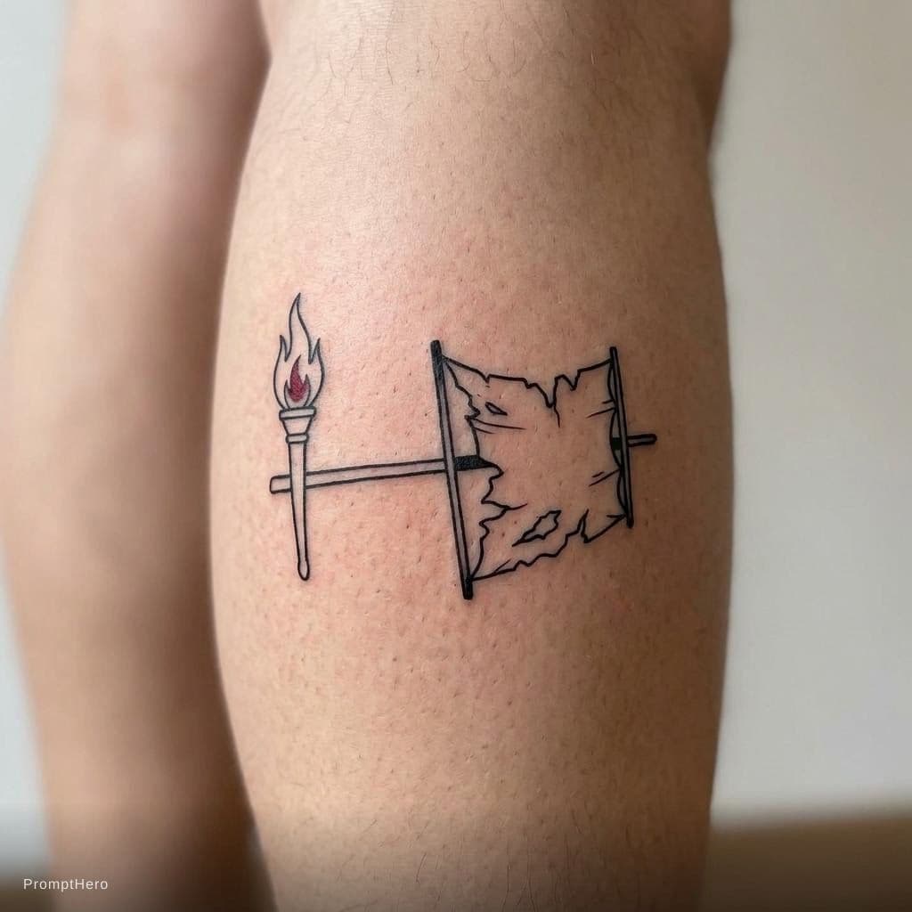 AI generated: A symbolic minimalist tattoo design. A simple flaming torch merged with a broken ship's sail icon, r...