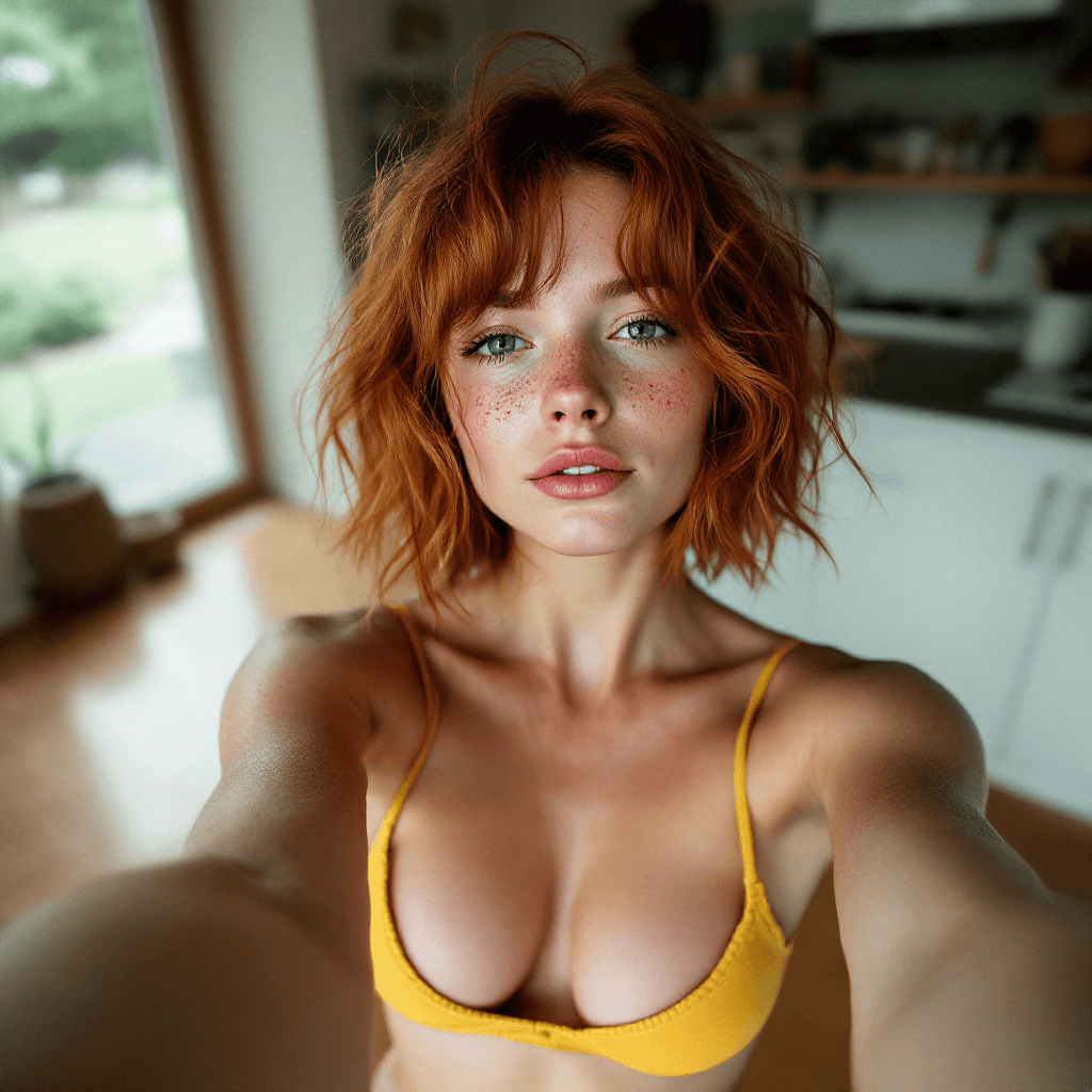 AI generated: photo selfie  a cute european woman, oily, standing pose, on wood flooring, cottage core home, cover...