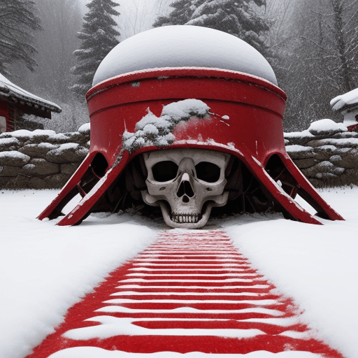 AI generated: Snow scenery, red flowers lilies, snow road, old iron helmet on the ground, skeleton on the ground,