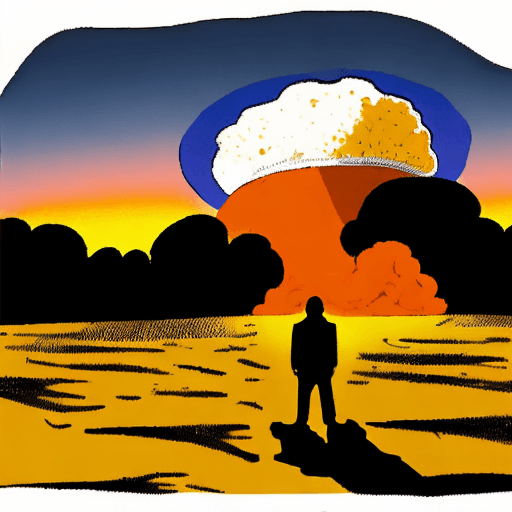 AI generated: a shadow of a person stands in front of a nuclear explosion,  cartoon style