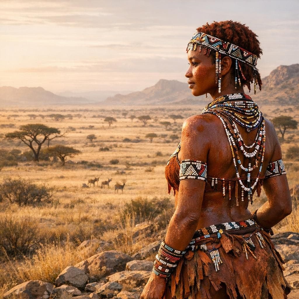AI generated: A young Khoisan woman, adorned with intricate beadwork and ochre body paint, stands at the edge of a...