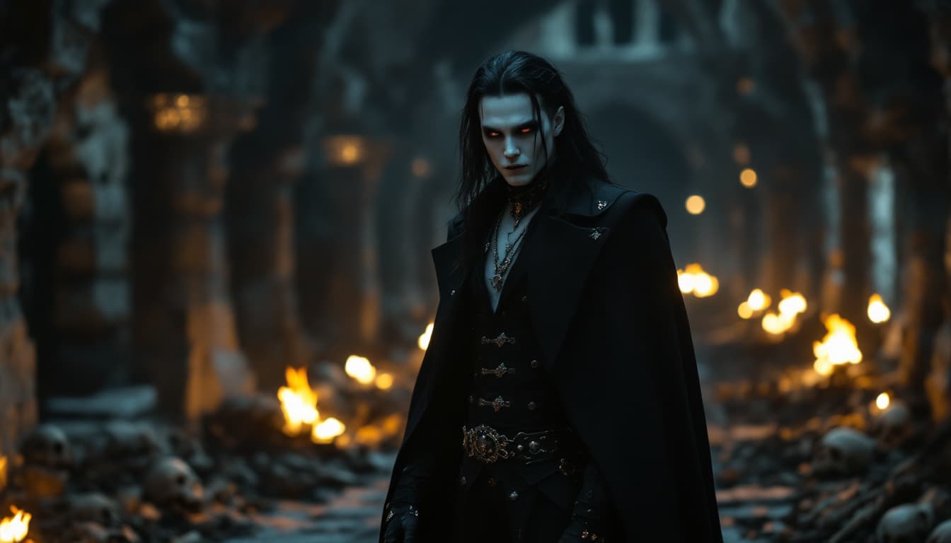 AI generated: A full body shot of a pale-skinned man, around 27 years old, with long dark hair, dressed in a dark ...