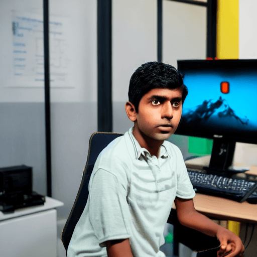 AI generated: A 22 year man Indian boy who is sitting a little sad on a gaming chair, has a gaming computer in fro...