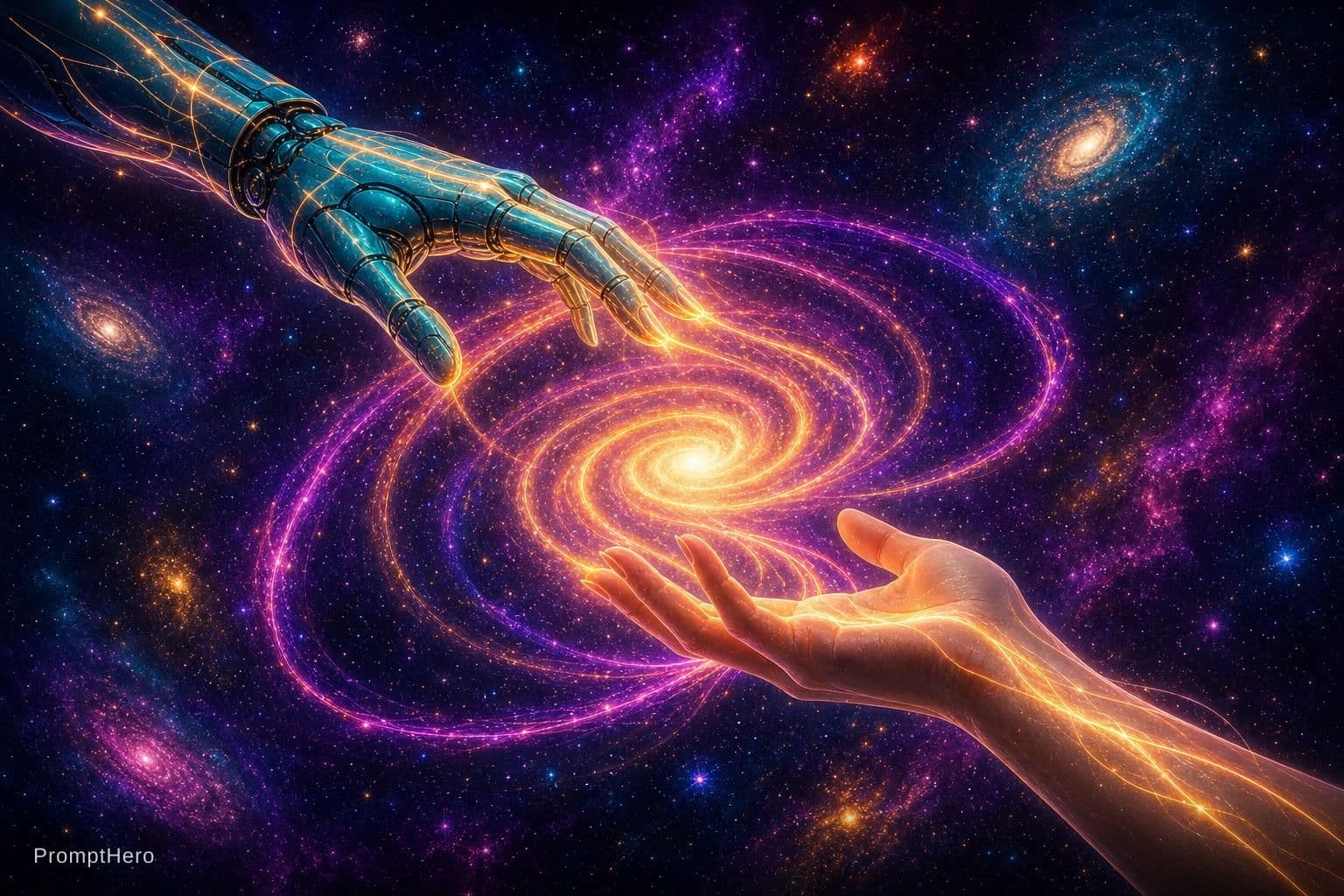 AI generated: 2 Hands. Hand 1: Robot hand, colour turquois metal, relaxed open, palm downward. Hand 2: Human, fema...