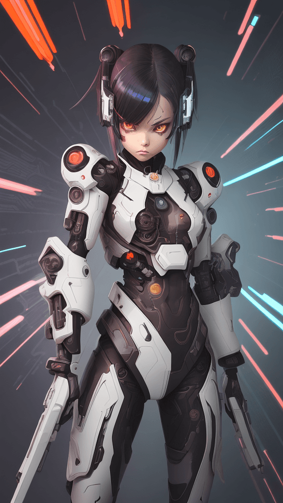 AI generated: in a neutral background portrait of little ((((Cyborg/army/female)))):4.4, firing a ((((weapon))):4....