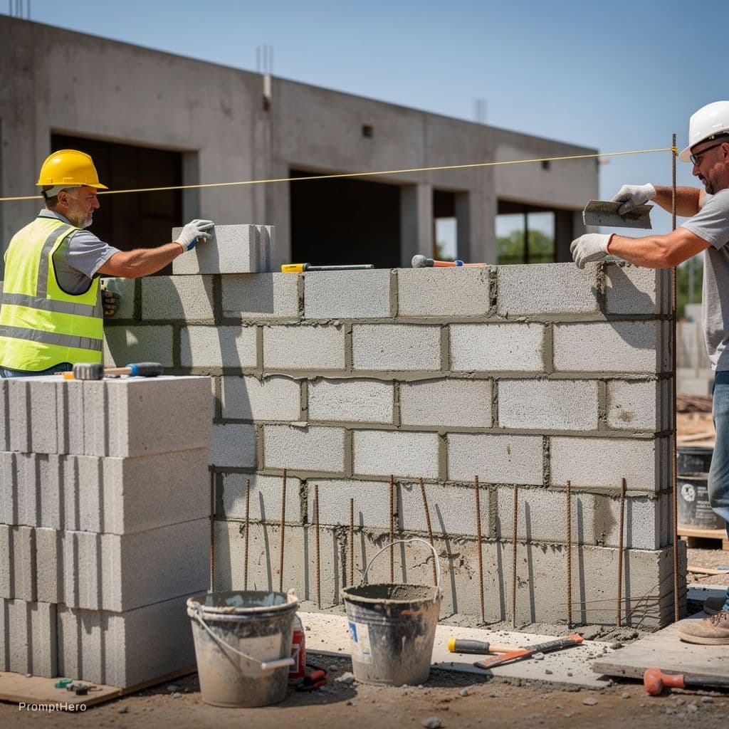 AI generated: construcción de un muro en bloque de concreto