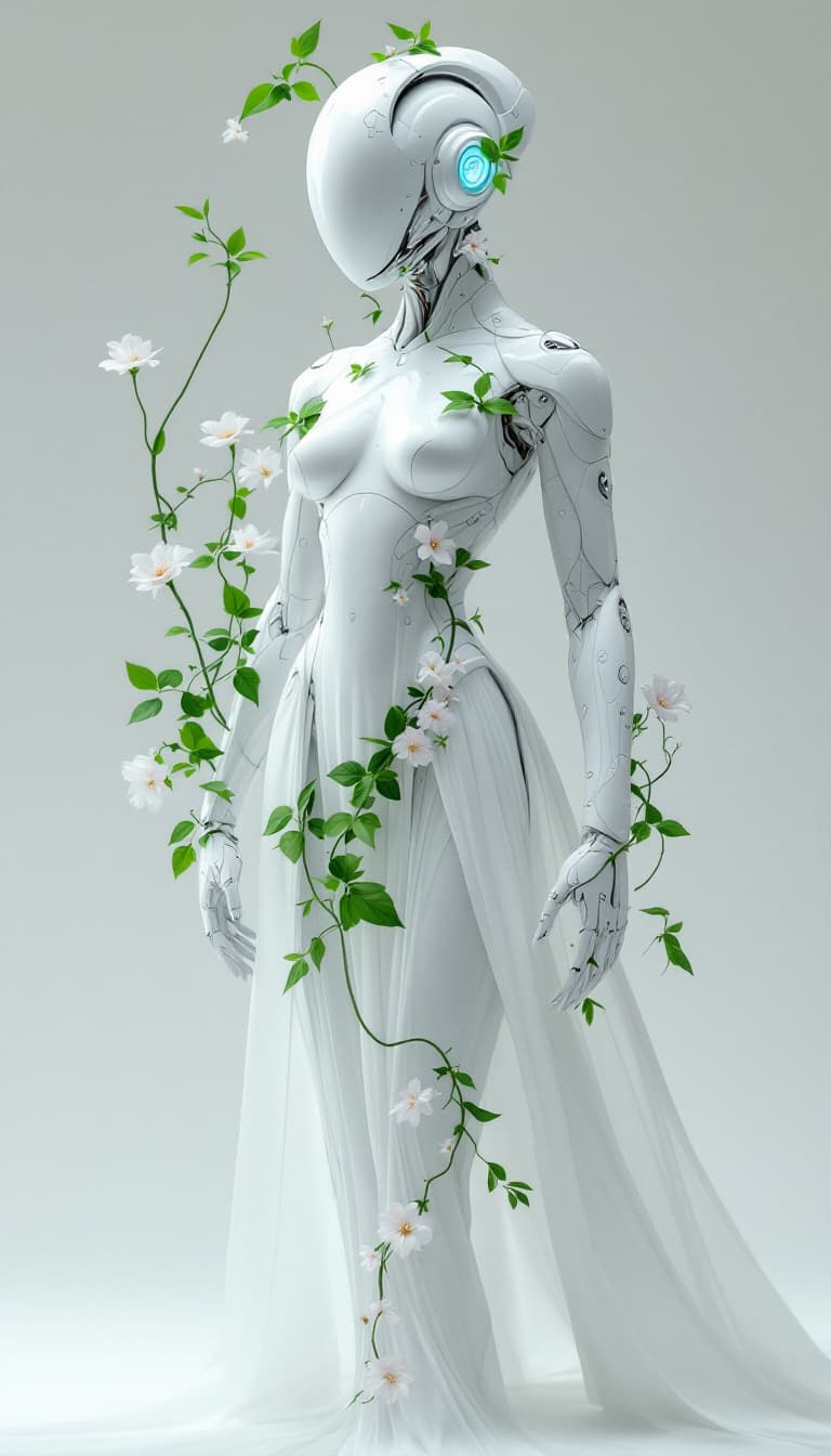 AI generated: A flawlessly crafted white cyborg, adorned with cascading vines and blooming flowers, stands as a su...