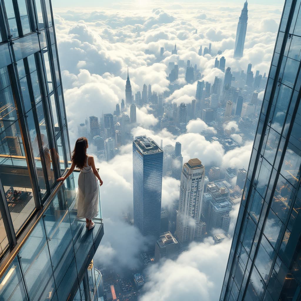 AI generated: a mature girl hanging on a terrace of the skyscraper and seeing far down to another short building. ...